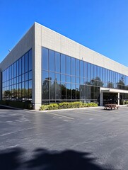 Fototapeta premium A photograph of the exterior of an industrial building with large windows and glass walls, set against a clear blue sky on a sunny day.
