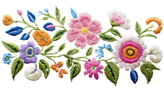 Colorful floral embroidery design with transparent background