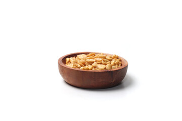 salted broad beans close up in a wooden bowl. side view, good for recipe or commercial, isolated on white background