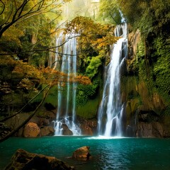 waterfall   tropical  beautiful   trees dark blue water