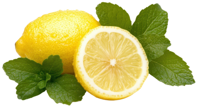 A lemon wedge sits on a leaf next to a whole lemon