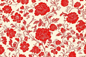 Vintage decorative bloom flowers seamless pattern for wallpaper. Traditional Floral Chinoiseries. Flowers illustration, red and cream floral wallpaper