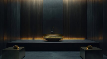 Golden bowl in dark spa, serene background, wellness