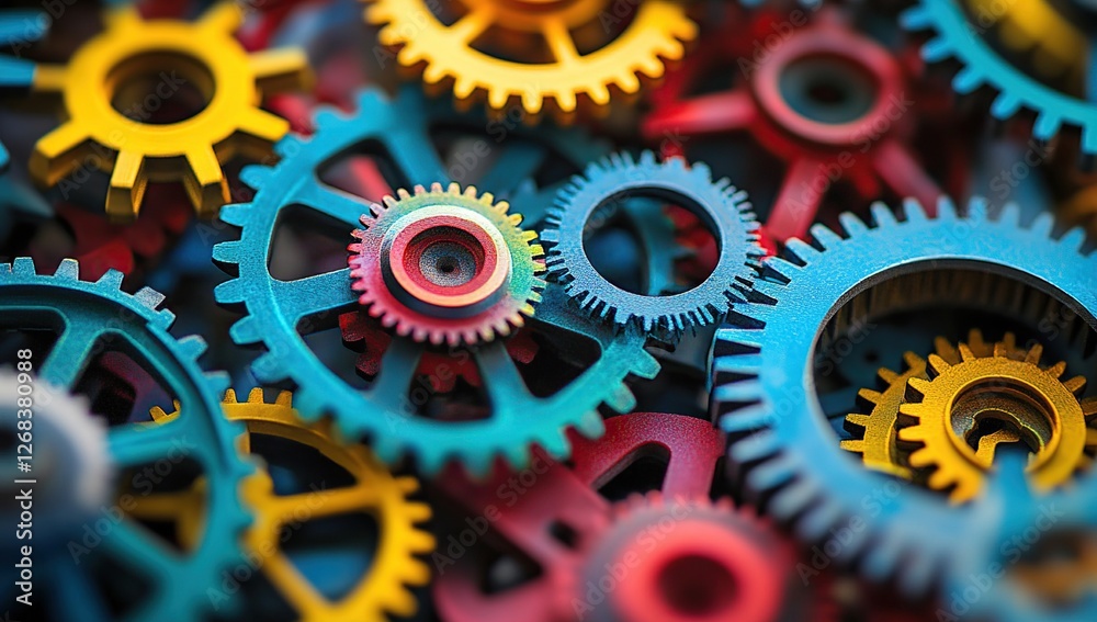 Poster colorful interlocking gears: a close-up view of complex machine mechanisms in motion, symbolizing te