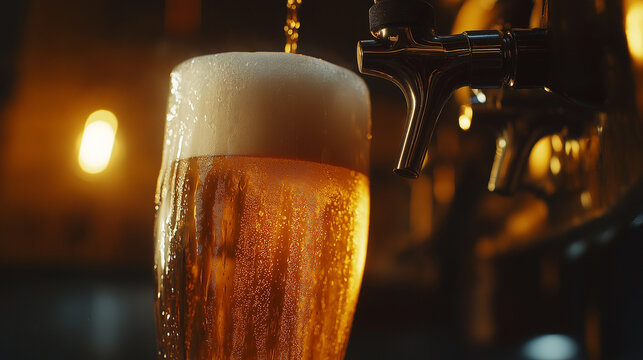 A close-up shot of beer being bottled, golden liquid pouring from the tap into a frosty glass, thick foam on top