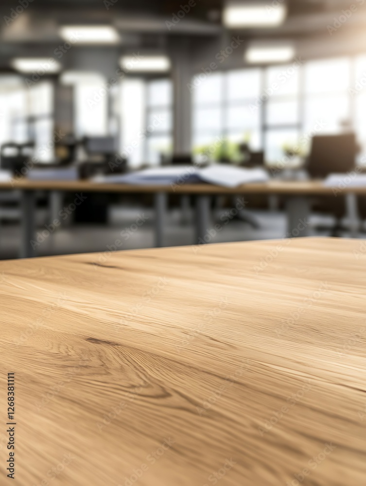 Poster a polished wooden workbench in focus, showcasing craftsmanship and detail in a soft lighting setting