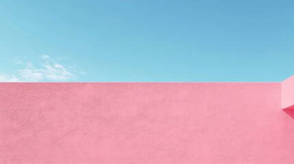 Fototapeta premium A simple and minimalist background featuring an isolated, vibrant pink wall with a blue sky above. The composition is centered on the solid wall
