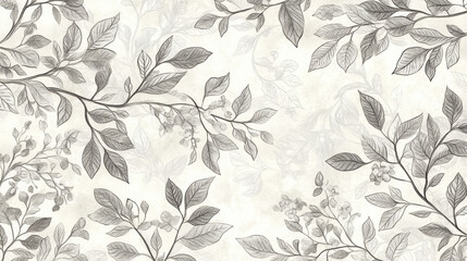 A monochromatic floral pattern featuring leaves and branches on a light background.