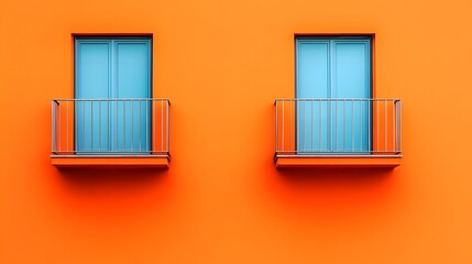 Obraz premium Charming Balconies on Vibrant Orange Wall Create a Striking Contrast of Colors and Modern Design. Innovative and Creative Ways to Build a House Concept