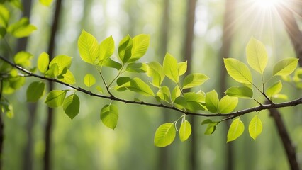 Young fresh leaves on tree branch in spring.