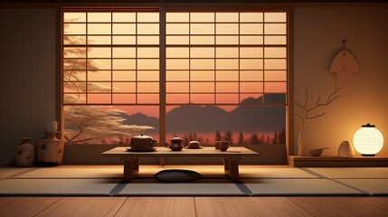 A Japanese-inspired zen room with a low table, tatami flooring, and soft lighting.