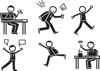 A set of black and white vector icons depicting various work life scenes