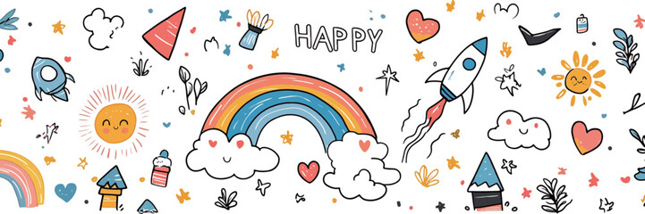 Adobe Illustrator Artwork, Cute doodle style line art drawings of cute icons