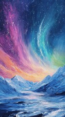 Fototapeta premium Aurora lights dancing over icy arctic landscapes, natural spectacle. Vertical