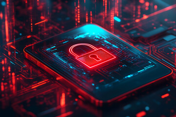 A futuristic smartphone displays a glowing padlock symbol, representing digital security and data protection amid a vibrant, high-tech background.
