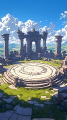 Fototapeta premium Ancient circular stone arena ruins with columns on grassy plain under cloudy sky