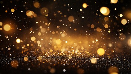 Naklejka premium Golden Glitter Background: Shimmering Lights & Sparkling Dust Create a Luxurious Festive Atmosphere, Perfect for Celebration Designs.
