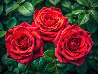 High-angle photography reveals the beauty of red roses in full bloom, offering captivating top-down views.