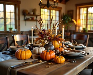 A cozy dining table adorned with seasonal decorations, featuring pumpkins, candles, and autumn foliage, creating a warm and inviting atmosphere.