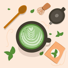 Vector ilustration set of drink Cup of matcha tea or green tea 