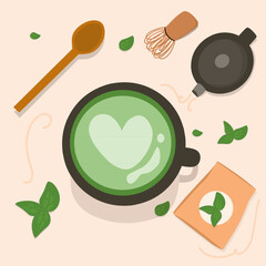set of icons Cup of matcha tea or green tea Japanese drink vector 