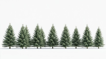 Obraz premium Evergreen trees row, winter scene, white background, holiday card