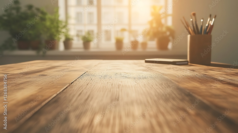 Poster a polished wooden study desk with a blurred background, ideal for workspace concepts and interior de