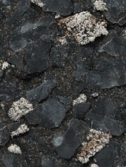 Black rock surface with a detailed texture, featuring small white spots of lichen and scale on the surface. The rocks have straight horizontal lines that give it an abstract feel.