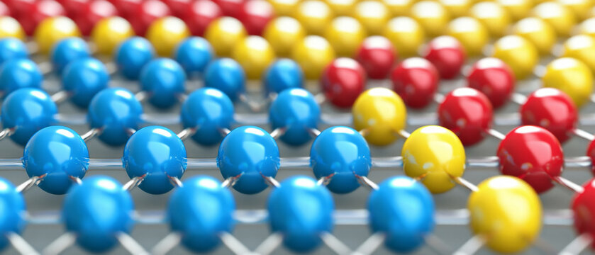 Abstract network of vibrant blue, red, and yellow spheres