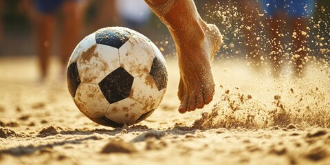 Soccer player kicking ball on beach during sunset