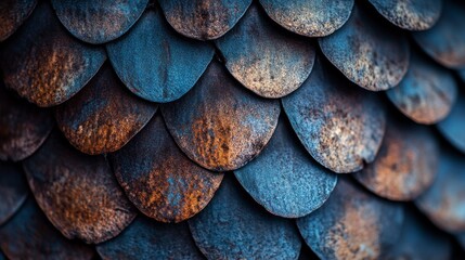 Close-up of dragon scales, featuring indigo and brown hues, Panoramic shot of  landscapes, with an epic composition.