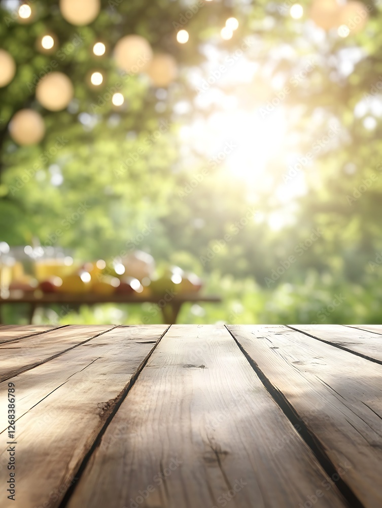 Poster a polished wooden deck table prominently displayed in the foreground of the image.