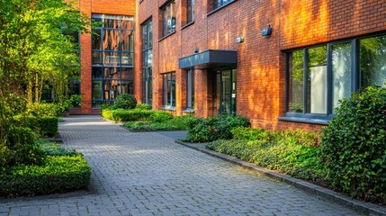 A cozy brick office building with a welcoming entrance and small garden. Stock photo