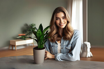 Young woman sitting  with  a plant and smiling in a cozy office setting with a touch of nature
