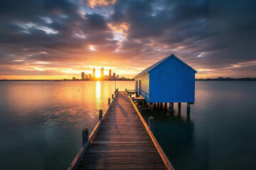 Blue Boat House at Sunset: Serene Water Reflection, City Skyline Silhouette..