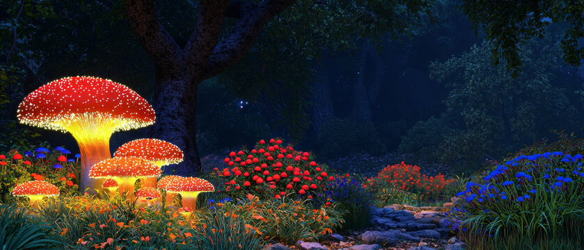 Enchanted forest at night: luminous mushrooms and vibrant flowers