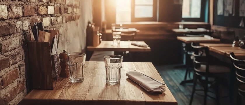 Empty restaurant table, rustic setting, two glasses, napkin, cutlery