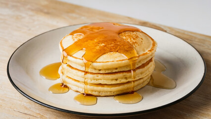 Stack of golden pancakes with maple syrup on a white ceramic plate on wooden kitchen table, cozy breakfast atmosphere