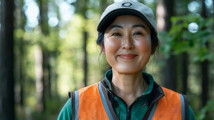 40 year old Japanese woman wearing a baseball cap and vest, smiling at the camera in a forest campsite on a summer day, generative AI