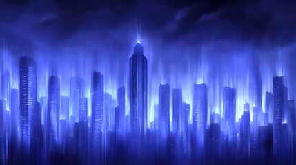 Fototapeta premium Futuristic Cityscape Illustration with Blue Light Emanating from Skyscrapers in the Night Time