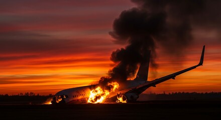Burning Airplane on Runway at Sunset with Smoke and Flames