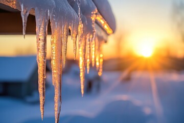 Golden Hour Icicles: A Winter Sunset Spectacle