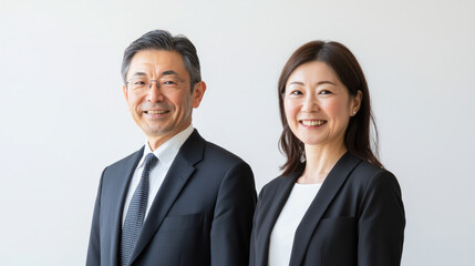 Two office workers, one male and one female, smiling at the camera while wearing business suits, generative AI