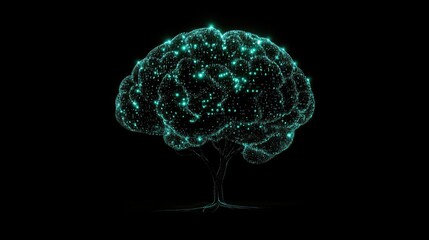 Abstract glowing brain with binary code, representing AI, big data, and neural networks.