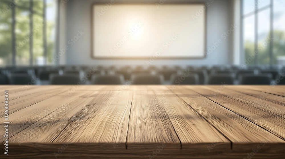 Poster A high-quality image of a natural wooden desk, featuring sharp focus and a blurred background.
