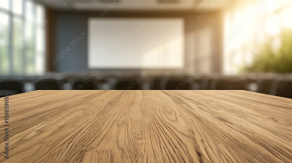Poster a high-resolution image of a natural wooden desk, showcasing sharp details and a blurred background.