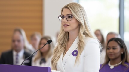 Confident woman in white suit delivering speech at conference event