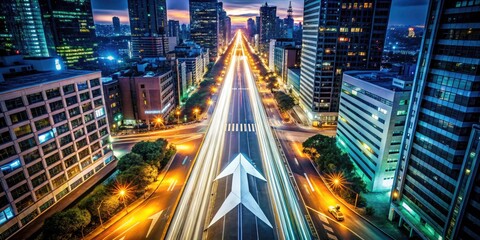 Fototapeta premium Night City's illuminated streets, a giant white arrow sign dominates the urban scene, street photography at its finest.