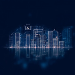 Fototapeta premium Futuristic Digital Blueprint of City Skyline with Glowing Reflections and Abstract Network Design