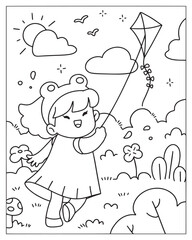 A kawaii-style coloring page featuring a cheerful girl with big expressive eyes flying a kite on a breezy day, surrounded by clouds, grass, and playful elements, drawn in black and white line art.

